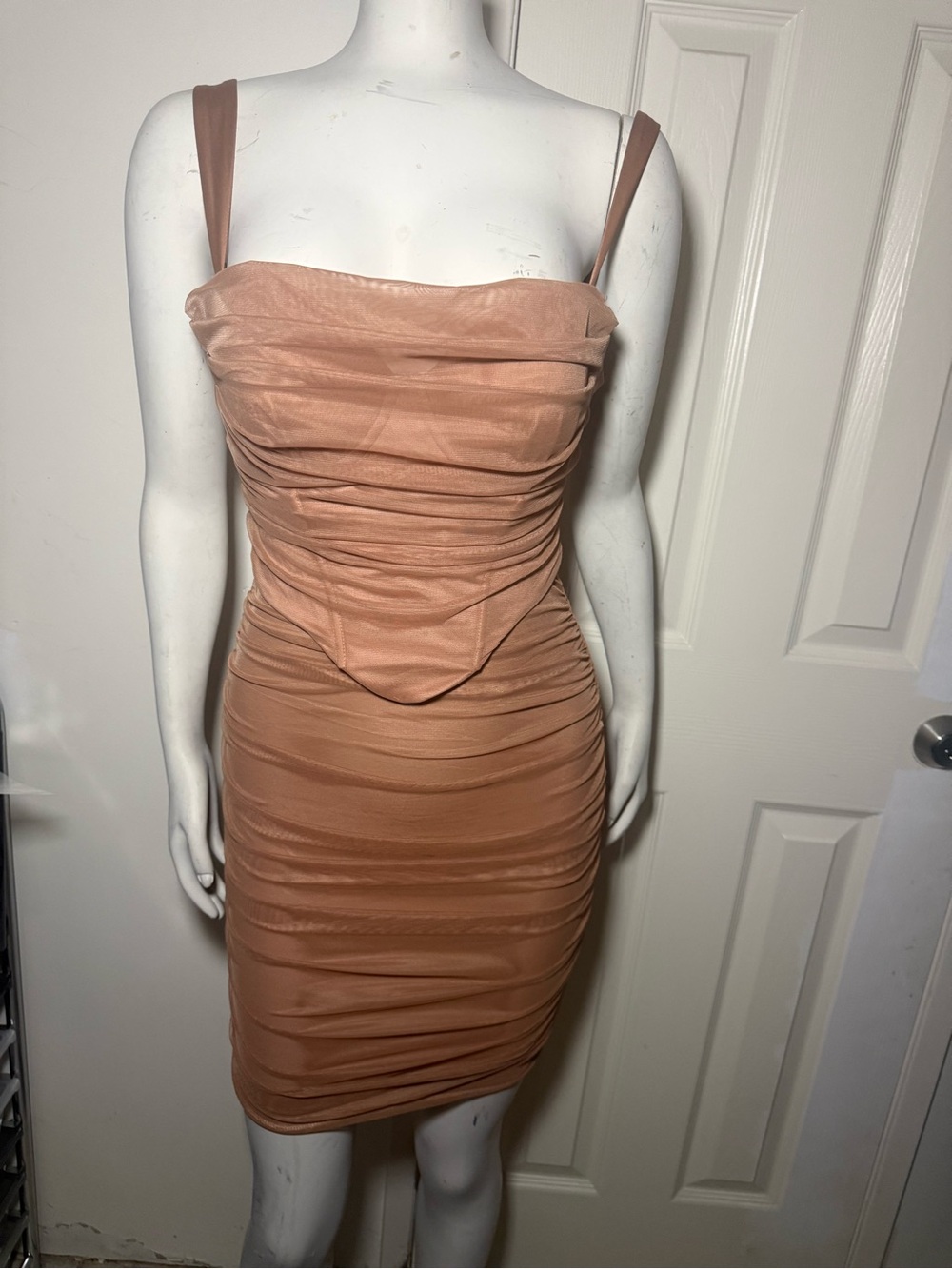 Oh Polly Ruched Midi Dress in Nude Tan